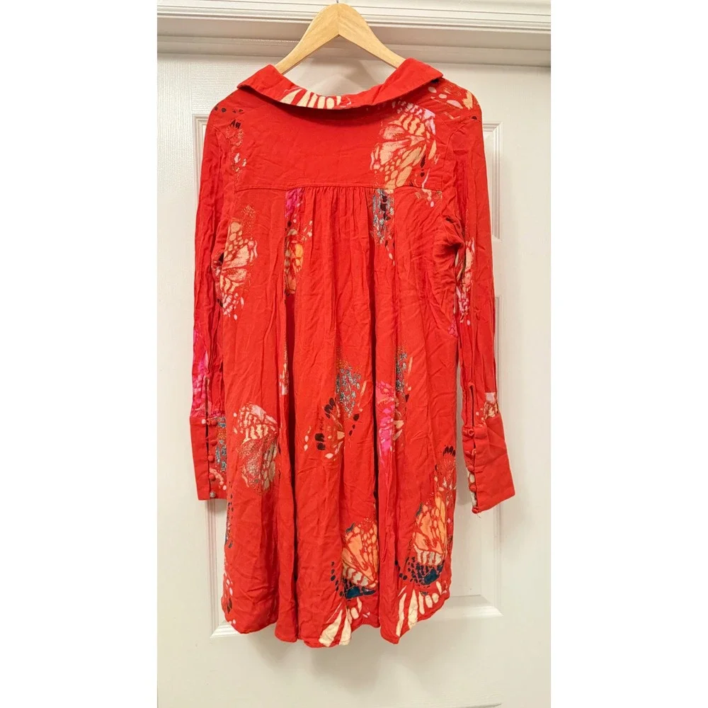 Free People Tunic Women Small Red Butterfly Wing Print High Low V-Neck Boho Top